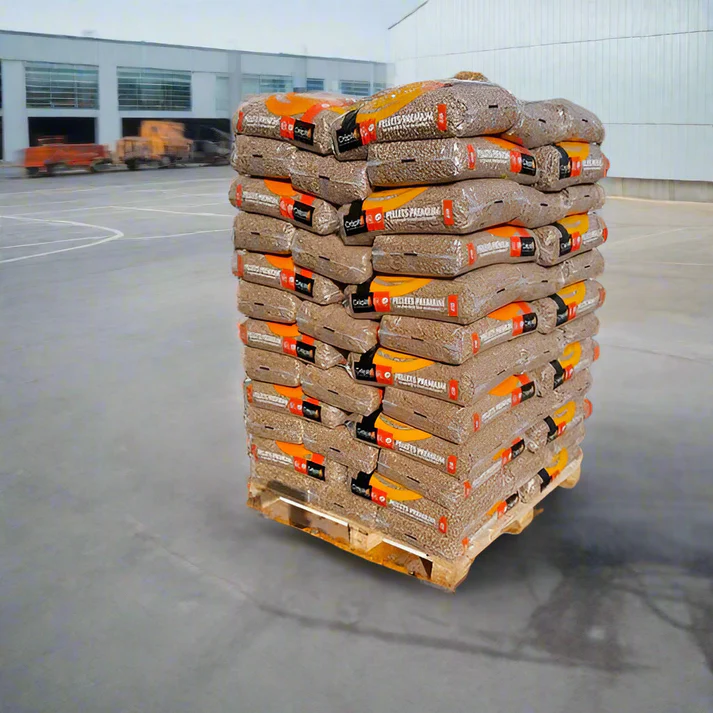 palé de pellets de madera crepito premium con 72 sacos de 15 kg cada uno.