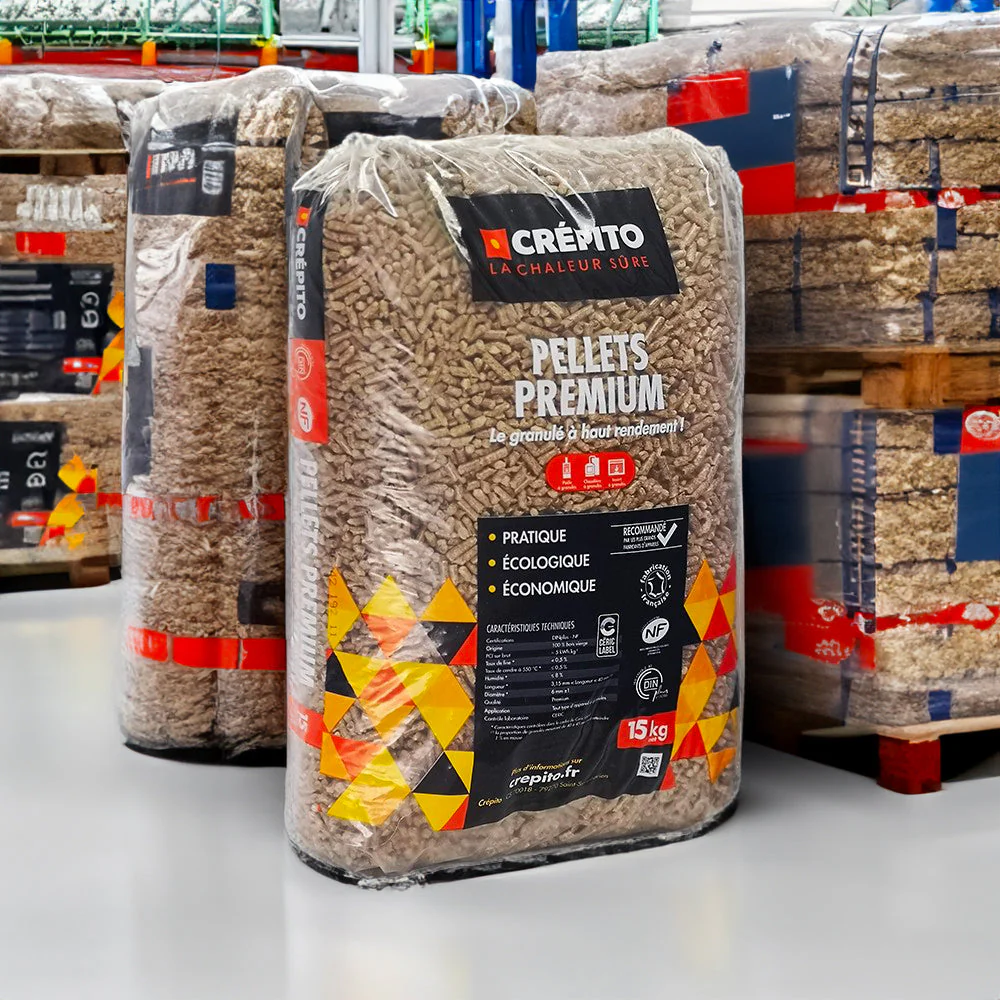 palé de pellets de madera crepito premium con 72 sacos de 15 kg cada uno.